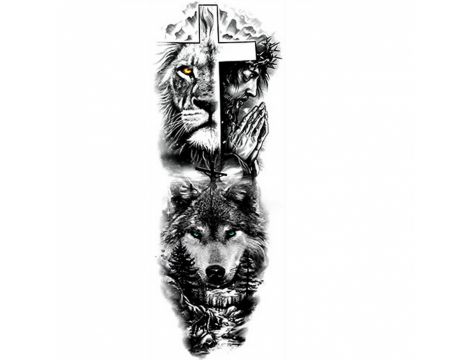 Tatuaż na całą rękę wilk lew krzyż 45 cm